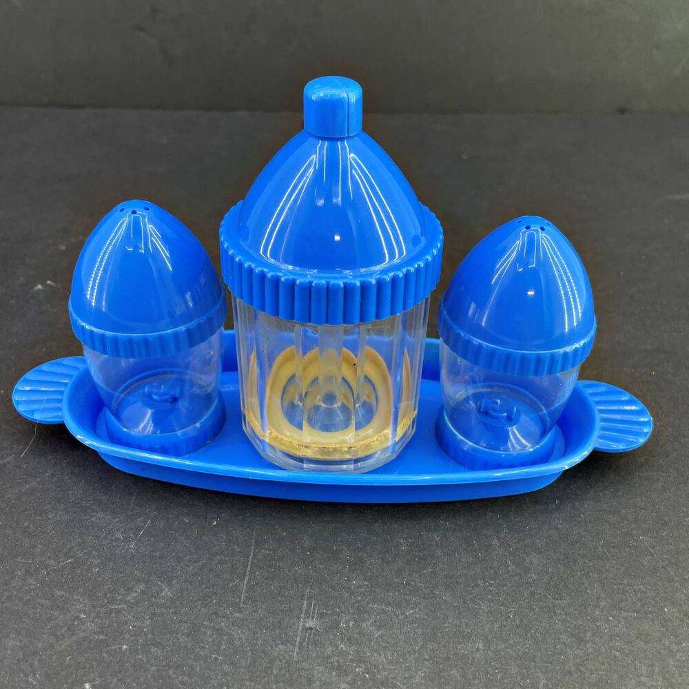 Sani-Serve Blue Salt Pepper Sugar Shaker Schwarz Bros L.A California MCM RARE